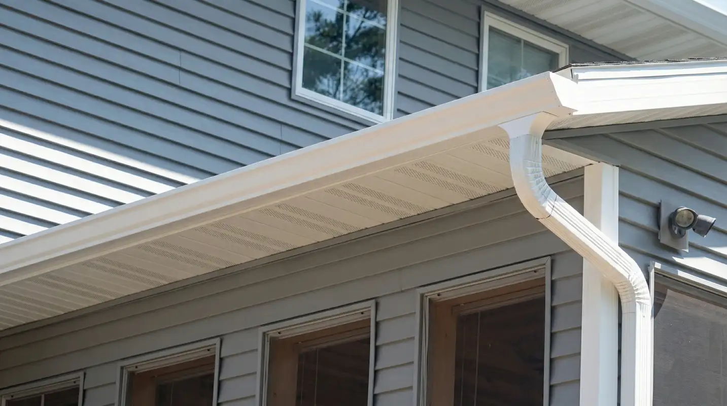 Professional home remodeling project showing newly installed white seamless gutters and downspouts on a house with gray siding in Gilbert, AZ