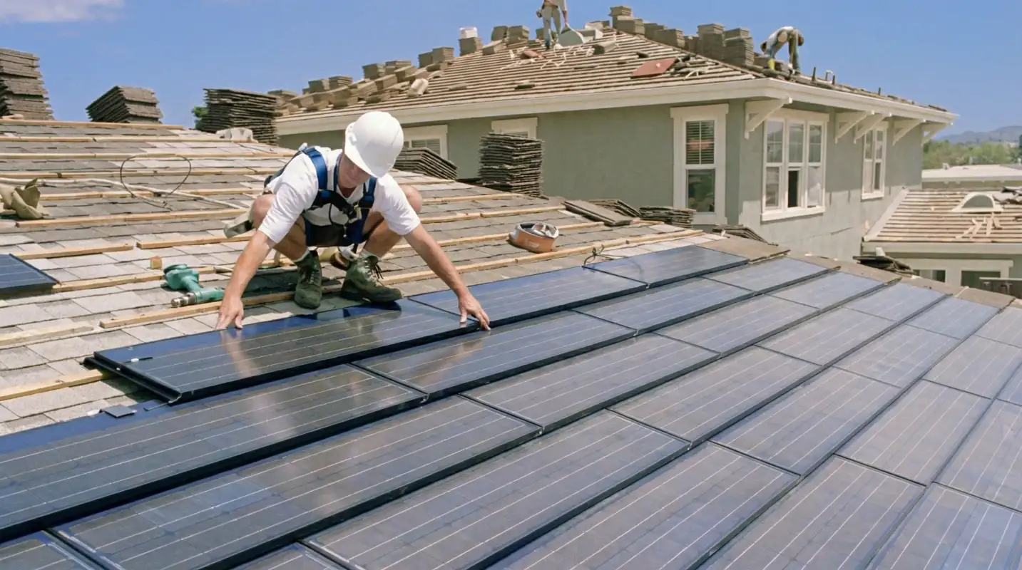 Roof replacement expert installing modern solar shingles on a residential home in Gilbert, AZ