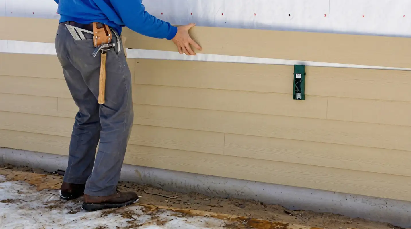 Siding replacement expert carefully aligning a new tan siding panel onto a residential exterior wall in Gilbert, AZ
