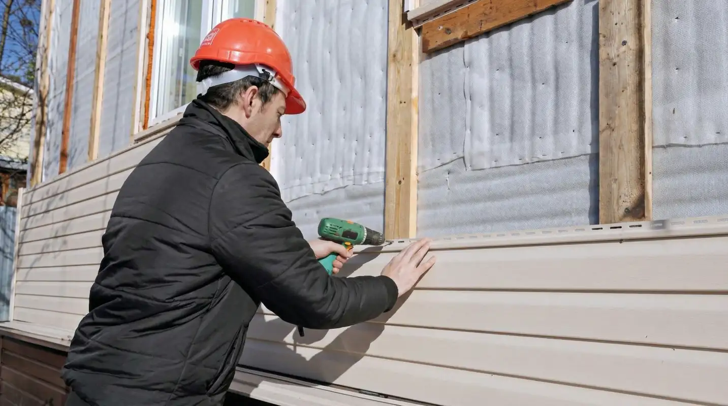 Siding replacement professional using a power drill to install new tan vinyl siding on a home exterior in Gilbert, AZ