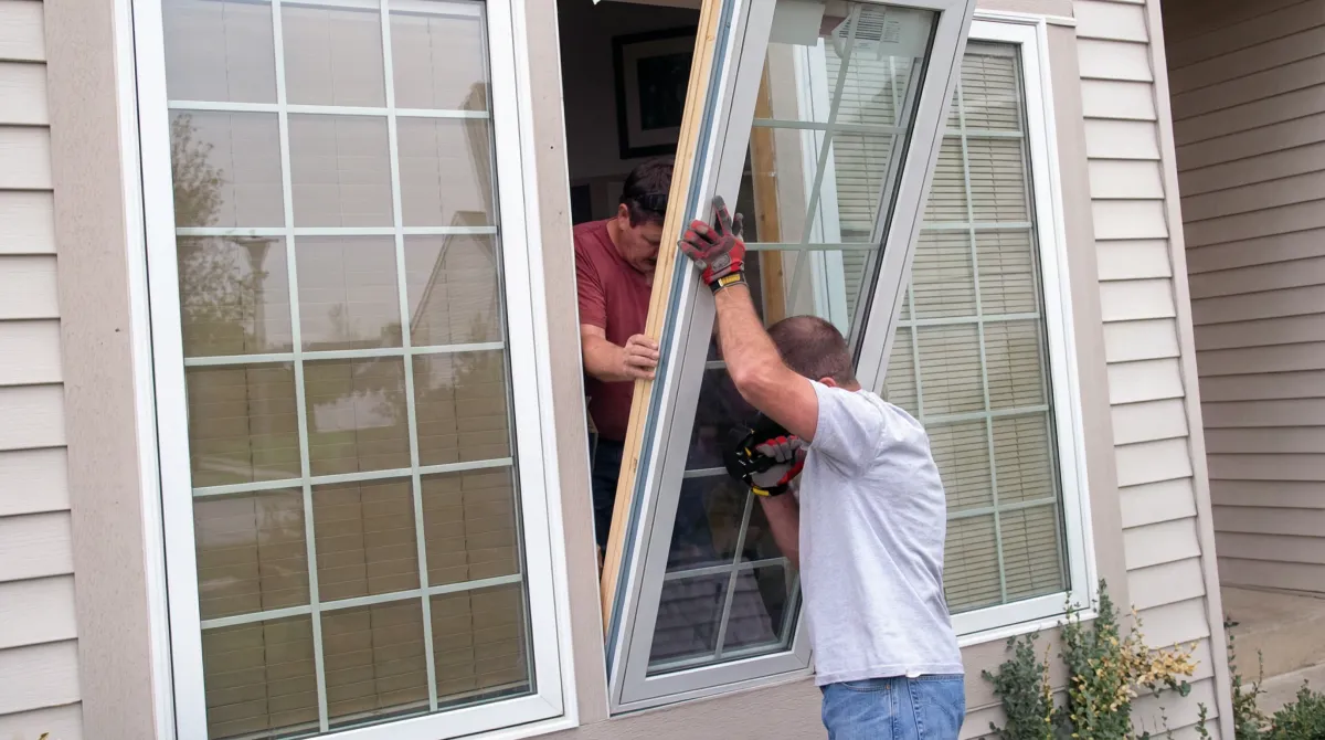 Professional home remodeling team installing a large replacement window on a house with tan siding in Gilbert, AZ