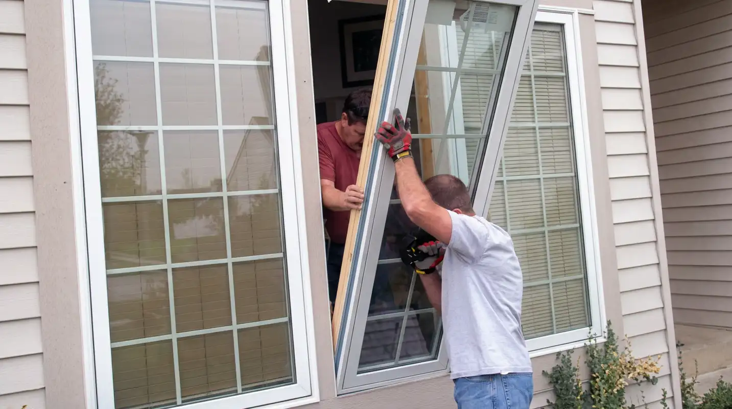 Professional home remodeling team installing a large replacement window on a house with tan siding in Gilbert, AZ
